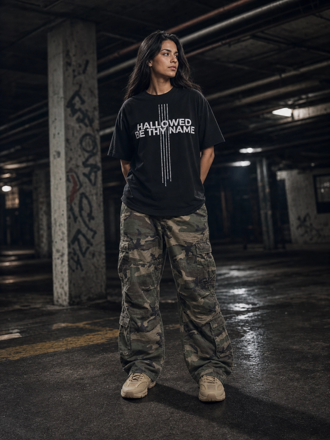 Woman wearing the Hallowed Be Thy Name tee