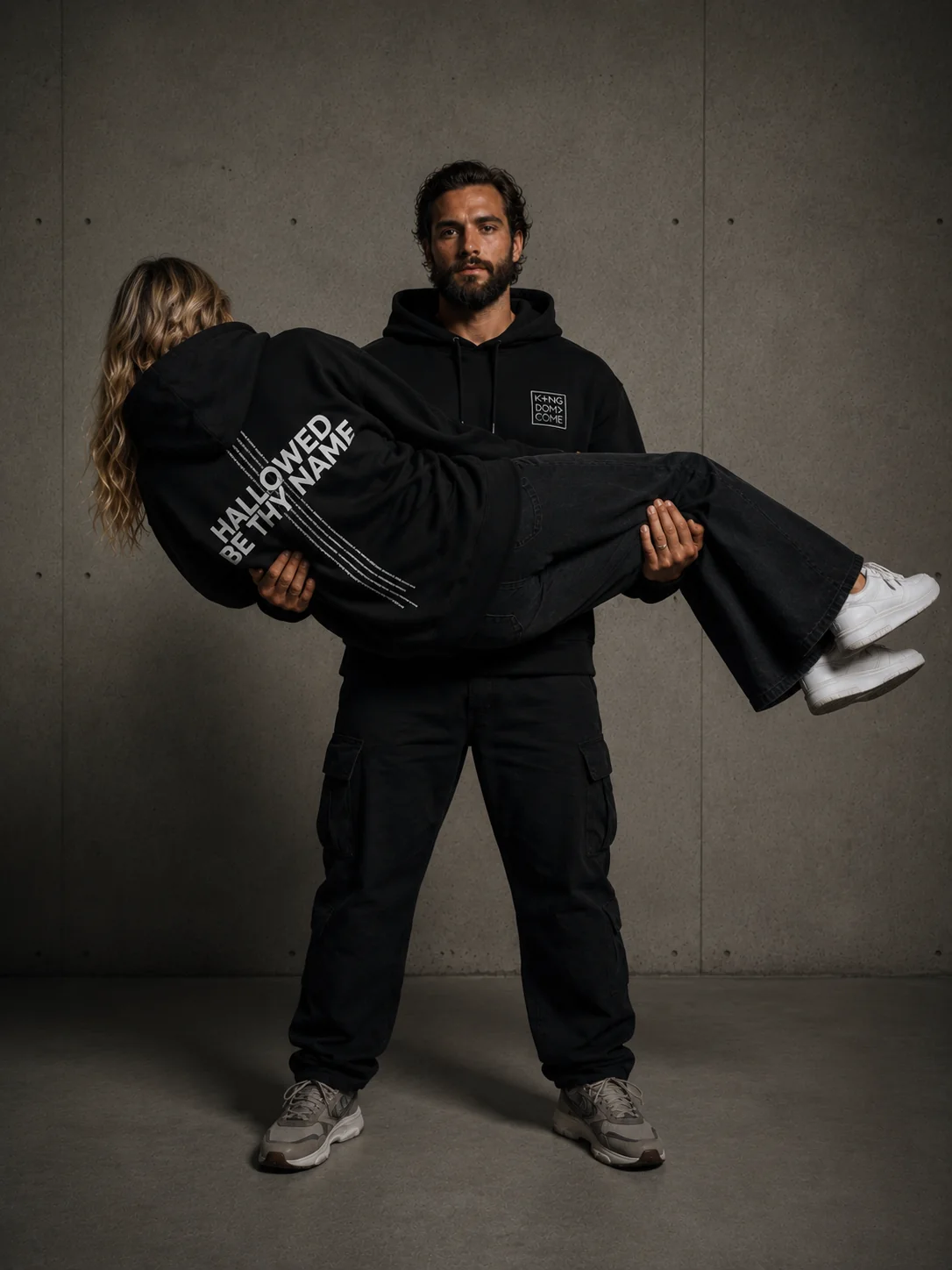 A man in a Kingdom Come hoodie carrying a woman wearing the Hallowed Be Thy Name hoodie