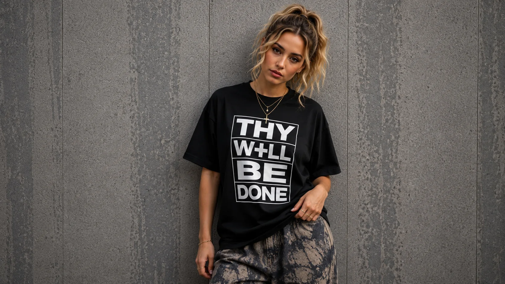Woman standing against ribbed concrete wearing the Thy Will Be Done tee