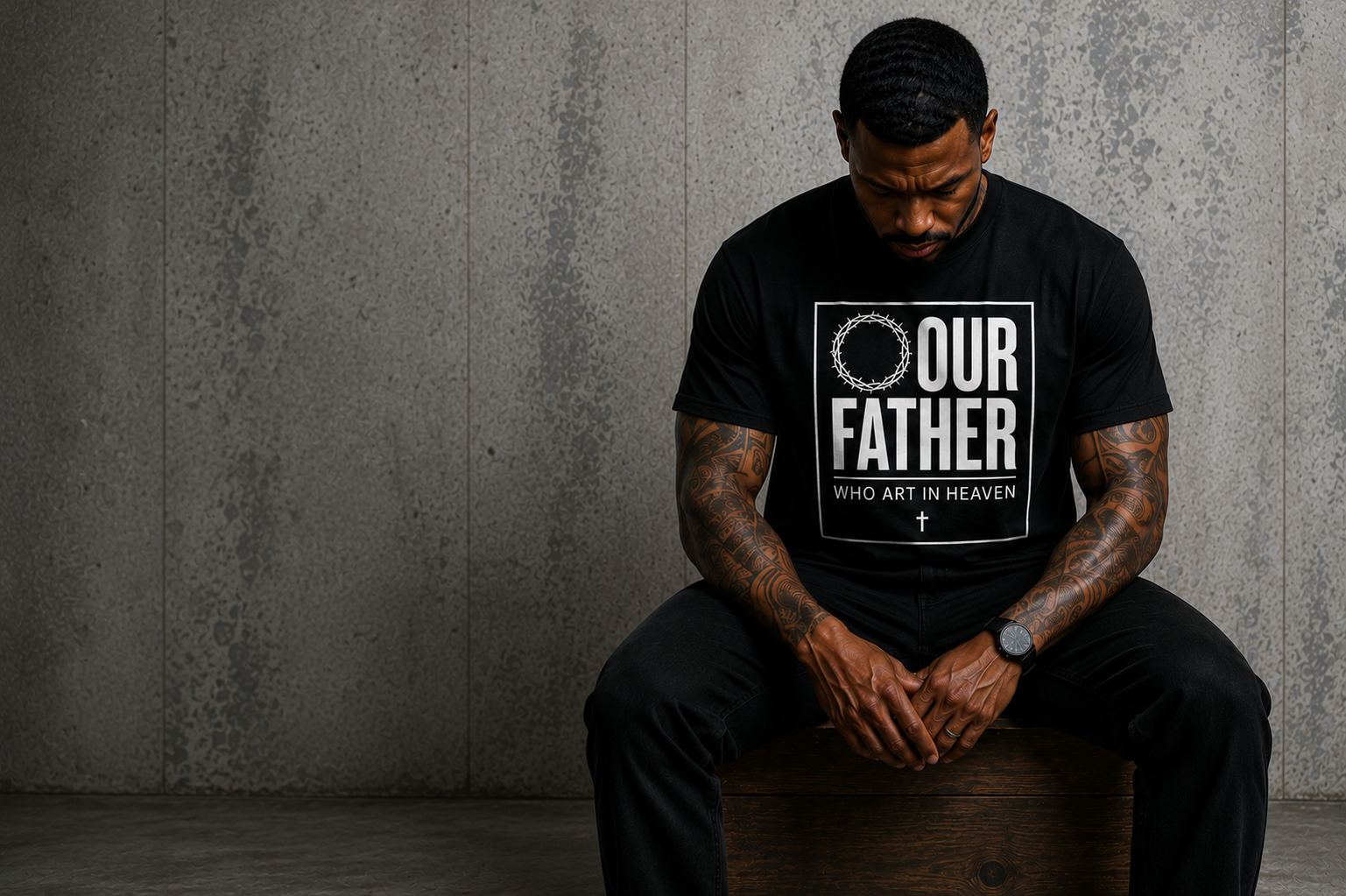 Man seated with hands clasped wearing the Our Father tee